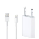 Alimentator incarcator iPhone si iPad lightning 5,6,7,8,X,XR,XS,11,SE,12 (C/S/SE/PRO/PLUS/MAX), normal charge, USB, 5W, alb, cu cablu lightning inclus, compatibil telefon si tableta Apple